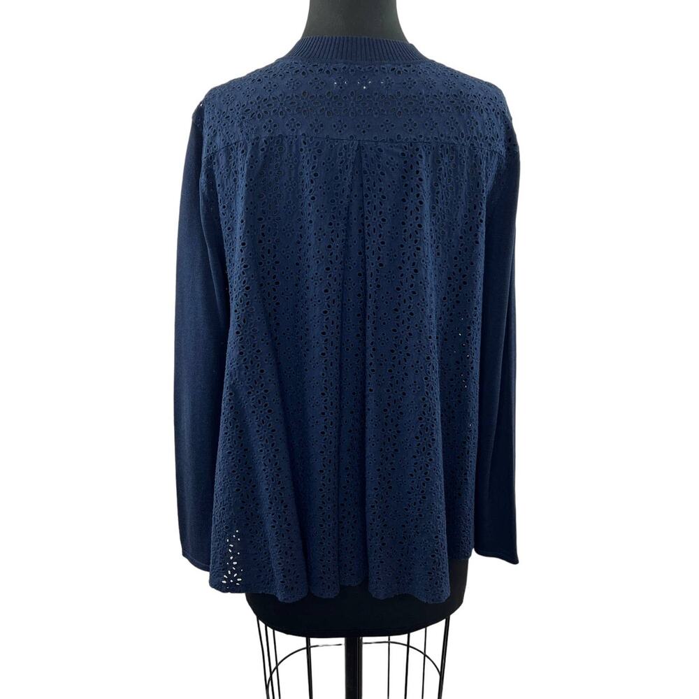 Max & Moi Paris Blue Lace Back Cardigan Sweater Embroidered Eyelet Front Button
